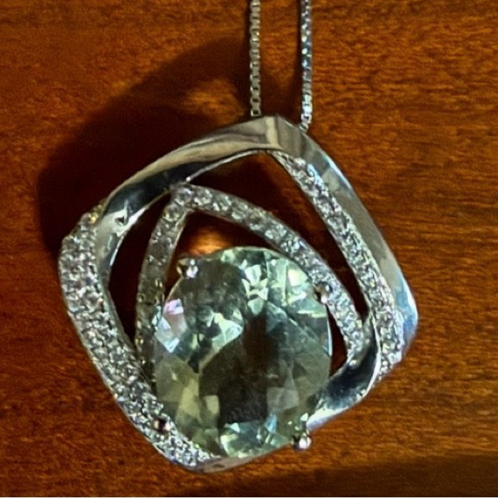 Elegant Green Amethyst Silver Pendant Necklace with Diamond accents
